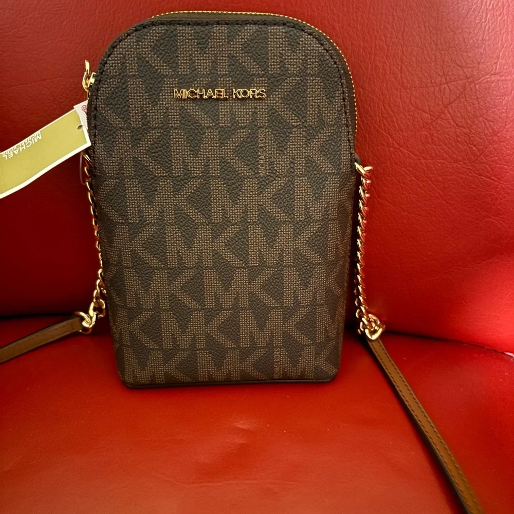 Michael Kors “Jet Set” Brown Logo Crossbody with Gold Hardware